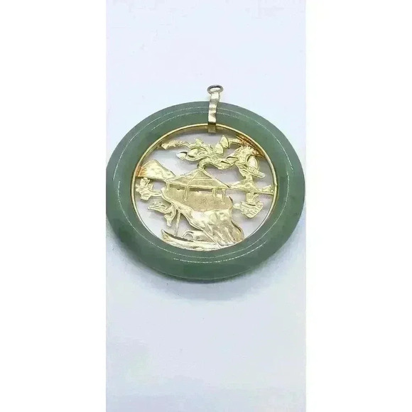 Vintage Jade Aventurine Eternity Circle Pendant Gold Filled Opal Rhinestone - Picture 5 of 9